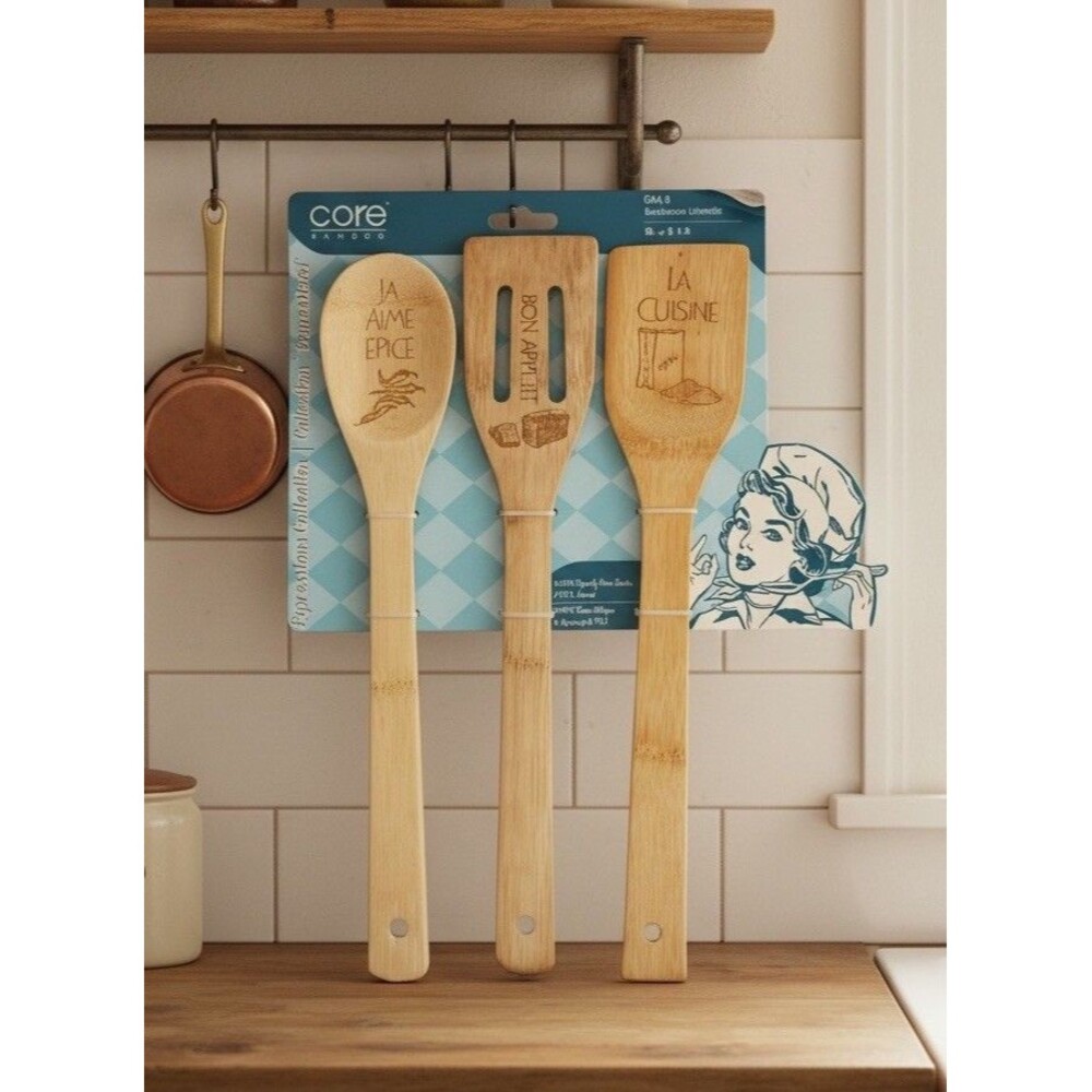 Core Bamboo Utensils Set of 3 Expressions French Engraved Kitchen Tools New